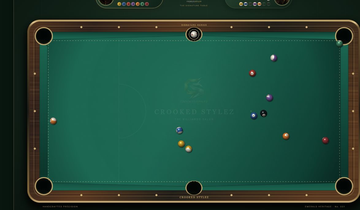 The Crooked Stylez billiards table with emerald felt, gold-trimmed walnut rails, and signature pool balls