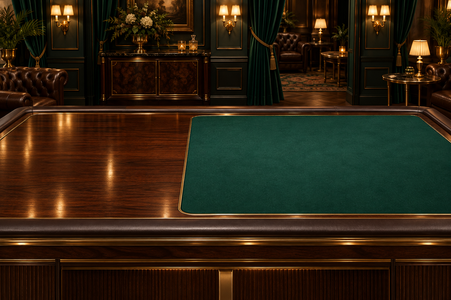 A bespoke mahogany roulette cabinet in the emerald and brass Crooked Stylez salon